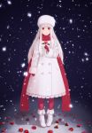  1girl albino dress fate/zero fate_(series) flower full_body gloves hat holding illyasviel_von_einzbern irisviel_von_einzbern kitano_(kitanosnowwhite) long_hair looking_at_viewer pantyhose red_eyes red_gloves red_legwear red_rose red_scarf rose scarf snowing solo standing white_dress white_hair white_hat 