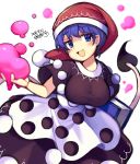  1girl :d blue_eyes blue_hair blush book breasts commentary cowboy_shot dated doremy_sweet dream_soul dress eyebrows hat holding holding_book iroyopon large_breasts leaning_forward looking_at_viewer naughty_face nightcap open_mouth pom_pom_(clothes) short_hair short_sleeves signature smile smug solo tail tapir_tail taut_clothes taut_dress thick_eyebrows touhou white_background 