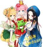  3girls :d akane_garnet bangs bare_shoulders black_hair blonde_hair blue_dress blue_eyes blunt_bangs boots braid breast_hold breasts cape clarice_lapis cleavage crown double_bun dress flower frills green_eyes hair_flower hair_ornament hat highres looking_at_viewer multiple_girls open_mouth pink_hair red_dress red_eyes red_rose rose sapphire_emerald sidelocks smile thigh-highs thigh_boots tiara tigersaber twin_braids twintails uchi_no_hime-sama_ga_ichiban_kawaii 