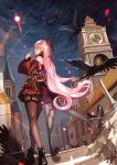  1girl bare_shoulders bird bow choker clock clock_tower cross crow detached_sleeves flying garter_straps gudle head_wings high_heels long_hair lookin_back looking_back night pink_hair pointy_ears thigh-highs tower very_long_hair wings yellow_eyes 