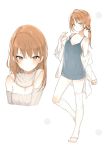  1girl blush breasts brown_eyes brown_hair character_request character_sheet cleavage copyright_request female long_hair lpip multiple_views partially_undressed strap_gap white_background 