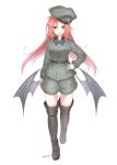  1girl boots demon_wings eiri_(eirri) hand_on_hip hat long_hair long_sleeves military military_uniform open_mouth original red_eyes redhead shorts signature solo thigh-highs thigh_boots uniform wings zettai_ryouiki 