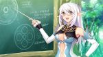  1girl :d absurdres altina_(shining_blade) aqua_bow armpits bare_shoulders bespectacled blade_arcus_from_shining blue_eyes body_offscreen bow breasts chalkboard circle cleavage cleavage_cutout day detached_sleeves directional_arrow drawing ears elf eyebrows eyebrows_visible_through_hair eyes fingernails fingers forest frilled_sleeves frills fringe game_cg glasses hair_between_eyes hair_ornament half_updo hand_on_hip hands happy hexagram highres holding leaf long_hair looking_to_the_side nature navel navel_cutout open_eyes open_mouth out_of_frame outdoors pointer pointy_ears red-framed_eyewear shining_(series) shining_blade silver_hair small_breasts smile solo star star_of_david stomach tanaka_takayuki teacher teaching teeth text tongue tree triangle upper_body 