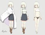  1girl black_panties blush character_sheet cloak denim denim_skirt expressionless hitoshi_(hitoishi_14n2i5) hood looking_to_the_side original pale_skin panties red_eyes sandals short_hair side-tie_panties simple_background skirt stitches tagme underwear white_hair 