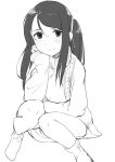  1girl aran_sweater blush chin_rest female juz knees knees_together_feet_apart krt_girls light_smile long_hair looking_at_viewer monochrome ribbed_sweater side_ponytail simple_background single_sidelock sitting skirt socks solo sweater white_background xiao_qiong 