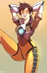  1girl bomber_jacket brown_eyes brown_hair goggles gradient gradient_background highres imdsound jacket looking_at_viewer orange_bodysuit overwatch short_hair solo spiky_hair tracer_(overwatch) 