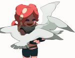  1girl bike_shorts bird closed_eyes cowboy_shot feeding fingerless_gloves gloves goggles katou_(osoraku) midriff octarian redhead seagull short_hair shorts simple_background smile splatoon takozonesu white_background 