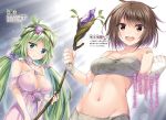  2girls :d bandage bandaid bandeau bare_shoulders brown_eyes brown_hair character_name fingerless_gloves gloves green_eyes green_hair groin highres long_hair low_twintails midriff multiple_girls navel newspaper official_art open_mouth oryou sanzensekai_no_raisner scan short_hair smile staff twintails very_long_hair 