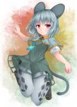  1girl animal_ears black_shoes capelet cutout dress full_body grey_dress grey_hair jewelry looking_at_viewer mouse_ears mouse_tail nazrin pantyhose pendant puffy_short_sleeves puffy_sleeves red_eyes shoes short_hair short_sleeves silver_legwear smile solo tail touhou uumaru1869 