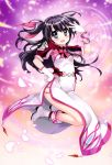  1girl absurdres black_eyes black_hair boots dress fujima_takuya gloves hair_ribbon hand_on_hip heart highres long_hair looking_at_viewer lyrical_nanoha mahou_shoujo_lyrical_nanoha mahou_shoujo_lyrical_nanoha_vivid official_art one_side_up open_mouth red_ribbon ribbon scan solo vivid_strike! white_boots white_dress white_gloves yumina_enclave 