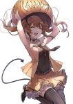  1girl :d ^_^ absurdres alternate_costume armpits arms_up black_legwear brown_hair closed_eyes collar demon_tail fang girls_frontline highres inxst jack-o&#039;-lantern open_mouth pumpkin smile spiked_collar spikes tail thigh-highs ump9_(girls_frontline) 