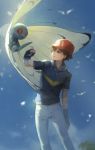  1boy a-shacho black_gloves blue_sky blurry_background brown_eyes brown_hair butterfree crying dated eye_contact fingerless_gloves gloves hat highres jacket looking_at_another male_focus outdoors pants pokemon pokemon_(anime) pokemon_(creature) red_hat satoshi_(pokemon) sky standing tears 