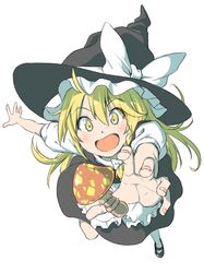  &gt;:d 1girl :d \||/ ahoge blonde_hair blush dive dress fingernails happy hat highres inuno_rakugaki kirisame_marisa long_hair mary_janes mushroom open_mouth shoes smile solo touhou witch_hat yellow_eyes 