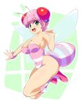  1girl antennae bare_shoulders bee_girl blush breasts cleavage green_eyes honey_bee_(bug-tte_honey) insect_girl konpeto leotard looking_at_viewer pink_hair short_hair sleeveless smile solo takahashi_meijin_no_bug-tte_honey teeth wings 