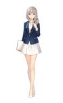 1girl blazer braid brown_eyes clipboard dress full_body hand_on_own_chest high_heels highres holding jacket jewelry long_hair necklace short_dress silver_hair simple_background single_braid smile standing tanaka_takayuki white_background 