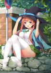  1girl :3 :d animal_ears bangs blue_bow blue_eyes blush bow breasts brown_hair capelet cat_ears chitori collared_shirt commentary eyebrows eyebrows_visible_through_hair feet feet_up flower grass green_ribbon green_skirt hat holding holding_hat knees_together_feet_apart large_breasts long_hair looking_at_viewer no_shoes open_mouth original plant ribbon shirt sign sitting skirt smile soles solo teeth thigh-highs thighs white_legwear witch_hat 