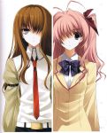  2girls :i ahoge armband beige_jacket beige_shirt belt bow bowtie brown_hair chaos;head checkered_bowtie company_connection expressionless eyebrows eyebrows_visible_through_hair hair_bow hair_intakes hair_over_breasts highres jacket long_hair looking_at_viewer makise_kurisu multiple_girls necktie official_art one_eye_covered open_clothes open_jacket parted_lips phantom_breaker pink_eyes pink_hair purple_bow purple_bowtie red_bow red_necktie sakihata_rimi scan scan_artifacts school_uniform shirt sidelocks star star_print steins;gate suzuhira_hiro upper_body violet_eyes white_background white_shirt 