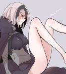  1girl armor ass blue_background breasts cape fate/grand_order fate_(series) fur_trim grey_hair helmet jeanne_alter long_hair looking_at_viewer mom_29_mom ruler_(fate/apocrypha) simple_background smile solo yellow_eyes 