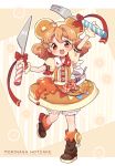  1girl :d ahoge apron bloomers boots bottle brown_boots brown_eyes brown_hair food food_themed_clothes food_themed_hair_ornament fork full_body gloves hair_ornament highres knife looking_at_viewer mokarooru morinaga_(brand) open_mouth original pancake personification short_hair smile solo standing standing_on_one_leg underwear 