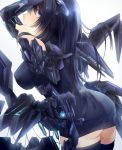  1girl arms_up ass bangs black_dress black_hair black_legwear blue_eyes breasts commentary dress erect_nipples large_breasts long_hair looking_at_viewer looking_back mecha_musume mechanical_wings original parted_lips simple_background skin_tight solo thigh-highs thighs tlla white_background wings 