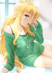  1girl ;o ahoge aran_sweater arm_support bare_legs barefoot bed_sheet blonde_hair blurry blush breasts camisole collarbone depth_of_field glint green_eyes green_sweater hoshii_miki idolmaster indoors jewelry leaning_to_the_side long_hair looking_at_viewer miri_(ago550421) morning nail_polish off_shoulder on_bed one_eye_closed pendant pink_nails ring rubbing_eyes shiny shiny_hair signature sitting small_breasts solo sweater sweater_vest wall window yokozuwari 