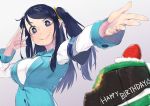  1girl armband bite_mark blue_eyes blue_hair blurry cake crumbs depth_of_field employee_uniform food foreshortening fruit gradient gradient_background grey_background happy_birthday juz krt_girls lips long_hair looking_at_viewer mackintosh_rose outstretched_arm side_ponytail simple_background single_sidelock smile solo strawberry taut_clothes uniform xiao_qiong 