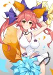  1girl animal_ears blush bow breasts cheerleader cleavage fate/extra fate/grand_order fate_(series) fox_ears fox_tail hair_bow hair_ribbon highres large_breasts long_hair looking_at_viewer midriff miniskirt pink_hair pom_poms ribbon skirt solo tail tamamo_(fate)_(all) tamamo_no_mae_(fate) thigh-highs warum yellow_eyes 