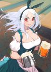  1girl alcohol alternate_costume alternate_hairstyle beer beer_mug breasts bunny_ear_hairband cleavage collarbone dirndl foam german_clothes hair_blowing hair_ornament hairband hairclip highres indoors juz krt_girls large_breasts lips long_hair looking_at_viewer nana_(krt_girls) parted_lips red_eyes restaurant smile solo stone_floor tankard waitress walking white_hair 