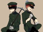  2boys 75gouosibori black_hair character_request gloves gokuto_jihen hat hat_over_one_eye male_focus military military_hat military_uniform multiple_boys open_mouth orange_eyes orange_hair pickaxe shovel sitting sleeves_pushed_up smile uniform white_gloves worktool yellow_eyes 