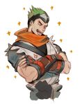  1boy crossed_arms forehead_protector genji_(overwatch) green_hair japanese_clothes muyihui overwatch solo 
