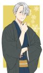  1boy 92_(artist) blue_eyes hair_over_one_eye haori highres japanese_clothes kimono male_focus silver_hair snowflakes viktor_nikiforov yuri!!!_on_ice 