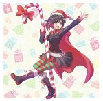  1girl boots candy candy_cane cape christmas christmas_tree commentary food hat iesupa pantyhose ruby_rose rwby santa_hat solo striped striped_legwear thigh-highs 