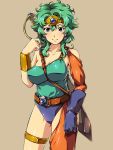  1girl belt blue_eyes blue_gloves breasts brown_background circlet cleavage curly_hair dragon_quest dragon_quest_iv earrings gloves green_hair heroine_(dq4) jewelry juvecross large_breasts looking_at_viewer simple_background single_glove smile solo strap_cleavage sword weapon 