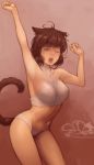  1girl :3 animal_ears arm_up ass blue_eyes breasts brown_background brown_hair cat_ears cat_tail character_request clenched_hands collarbone cowboy_shot crop_top demstouts final_fantasy final_fantasy_xiv groin halterneck highres leaning_forward medium_breasts messy_hair miqo&#039;te navel one_eye_closed open_mouth panties partially_colored shirt short_hair sketch sleeping sleeveless sleeveless_shirt tail tears top-down_bottom-up underwear white_panties white_shirt yawning zzz 