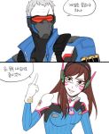  1boy 1girl anger_vein bodysuit breasts brown_eyes brown_hair bunny_print comic d.va_(overwatch) face_mask facepaint facial_mark headphones jacket korean long_hair m_mim mask middle_finger overwatch partially_colored pilot_suit scar short_hair simple_background soldier:_76_(overwatch) translation_request upper_body visor whisker_markings white_background white_hair 
