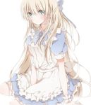  1girl apron arm_support blonde_hair blue_bow blue_bowtie blue_dress blue_eyes blush bow bowtie closed_mouth dress from_side hair_bow hiro_(hirohiro31) kneehighs long_hair looking_at_viewer looking_to_the_side original petticoat puffy_short_sleeves puffy_sleeves short_sleeves sitting solo white_background wrist_cuffs 
