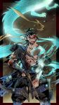  1boy absurdres arrow black_hair blood blood_on_face blue_eyes bow_(weapon) dragon hanzo_(overwatch) headband hermithessa highres japanese_clothes overwatch ponytail solo tattoo torn_clothes weapon wince 