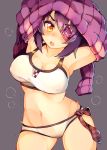  1girl armpits arms_up bikini blush breasts checkered checkered_necktie cleavage contrapposto cowboy_shot erect_nipples eyepatch gakushiki kantai_collection large_breasts looking_at_viewer navel necktie open_mouth purple_hair short_hair simple_background solo standing sweater swimsuit taut_bikini taut_clothes tenryuu_(kantai_collection) undressing white_bikini yellow_eyes 