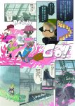  2girls 3boys baseball_cap bike_shorts blue_eyes classic_squiffer_(splatoon) closed_eyes comic dark_skin dark_skinned_male domino_mask green_hair hat headband headphones highres inkbrush_(splatoon) inkling katou_(osoraku) mask monjiro_(sorobochi) multiple_boys multiple_girls octarian octotrooper pointy_ears running safari_hat shirt shorts slosher_(splatoon) splatoon splattershot_(splatoon) squidbeak_splatoon t-shirt topknot translation_request very_dark_skin vest visor_cap yellow_eyes 