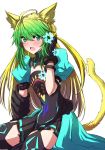  1girl :o ahoge animal_ears archer_of_red bangs blonde_hair blush breasts cat_ears cat_tail eyebrows eyebrows_visible_through_hair fate/apocrypha fate/grand_order fate_(series) gameplay_mechanics gradient_hair green_eyes green_hair hair_between_eyes hand_in_hair highres himo juliet_sleeves kneeling long_hair long_sleeves looking_at_viewer miniskirt multicolored_hair open_mouth pleated_skirt puffy_sleeves simple_background skirt small_breasts solo tail thigh-highs thighs two-tone_hair white_background 
