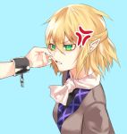  2girls anger_vein annoyed ascot asuzemu blonde_hair blue_background breasts cheek_pull clenched_teeth cuffs from_side green_eyes half_updo hoshiguma_yuugi looking_at_another medium_breasts mizuhashi_parsee multiple_girls pointy_ears pulled_by_another robe shackles short_hair solo_focus teeth touhou undershirt upper_body 
