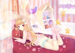  1girl ass bangs bed bed_sheet blonde_hair cagliostro_(granblue_fantasy) crown curtains feet flat_ass flower fushimi_sameta granblue_fantasy highres indoors long_hair looking_at_viewer looking_back lying no_shoes on_bed on_stomach pajamas petals pillow rose rose_petals smile socks solo stuffed_toy the_pose violet_eyes window 