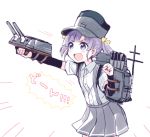  &gt;:d :d arm_warmers backpack bag cannon gray_skirt kanitama_(putyourhead) kantai_collection machinery ooshio_(kantai_collection) open_mouth pleated_skirt purple_hair school_uniform shirt short_hair short_sleeves short_twintails skirt smile suspenders twintails violet_eyes white_shirt 