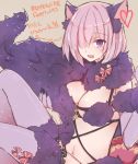  1girl :d animal_ears breasts cleavage elbow_gloves fang fate/grand_order fate_(series) gloves hair_over_one_eye halloween_costume heart looking_at_viewer mom_29_mom navel open_mouth purple_gloves purple_hair purple_legwear shielder_(fate/grand_order) short_hair smile solo tail thigh-highs twitter_username violet_eyes wolf_ears wolf_tail 