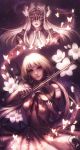  1girl 2girls artist_name blonde_hair borrowed_character bow_(instrument) breasts butterfly dress flower glowing_butterfly head_tilt highres holding_instrument instrument looking_at_viewer multiple_girls naomi_coco original sepia short_hair small_breasts solo space violin 
