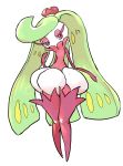  crown eyelashes eyeshadow full_body green_hair haranui_(haranui0w0) highres jpeg_artifacts knees_together_feet_apart long_hair looking_away looking_to_the_side makeup mini_crown no_humans pokemon pokemon_(creature) pokemon_(game) pokemon_sm purple_legwear simple_background solo standing tri_tails tsareena very_long_hair violet_eyes white_background 