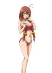  1girl antenna_hair bikini breasts brown_hair cake cleavage collarbone food glasses green_eyes hair_bobbles hair_ornament holding ikkitousen long_hair navel open_mouth red_bikini ryuubi_gentoku simple_background solo swimsuit white_background 