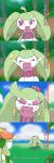 4koma :d ^_^ ahoge arms_up bifidobacterium blue_sky blurry closed_eyes clouds comic crown crying depth_of_field flower grass green_hair happy highres leg_up lilligant long_hair looking_away looking_to_the_side mini_crown no_humans open_mouth outdoors palm_tree pink_eyes pokemon pokemon_(creature) pokemon_(game) pokemon_sm purple_legwear sky smile steenee tears thigh-highs tree tsareena turn_pale twintails wavy_mouth 