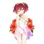  1girl artist_request braid flower food hair_flower hair_ornament halterneck holding ice_cream looking_at_viewer nail_polish one_eye_closed open_mouth redhead short_hair solo swimsuit transparent_background two_side_up uchi_no_hime-sama_ga_ichiban_kawaii white_swimsuit yellow_eyes 