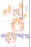  2girls :| ^_^ bangs black_ribbon blue_dress blue_eyes blush bow braid brown_hair closed_eyes clover_hair_ornament comic dress hair_bow hair_ornament love_live! love_live!_sunshine!! multiple_girls neck_ribbon ribbon sailor_dress saku_usako_(rabbit) short_hair side_braid smile sweatdrop takami_chika translation_request watanabe_you yellow_bow 